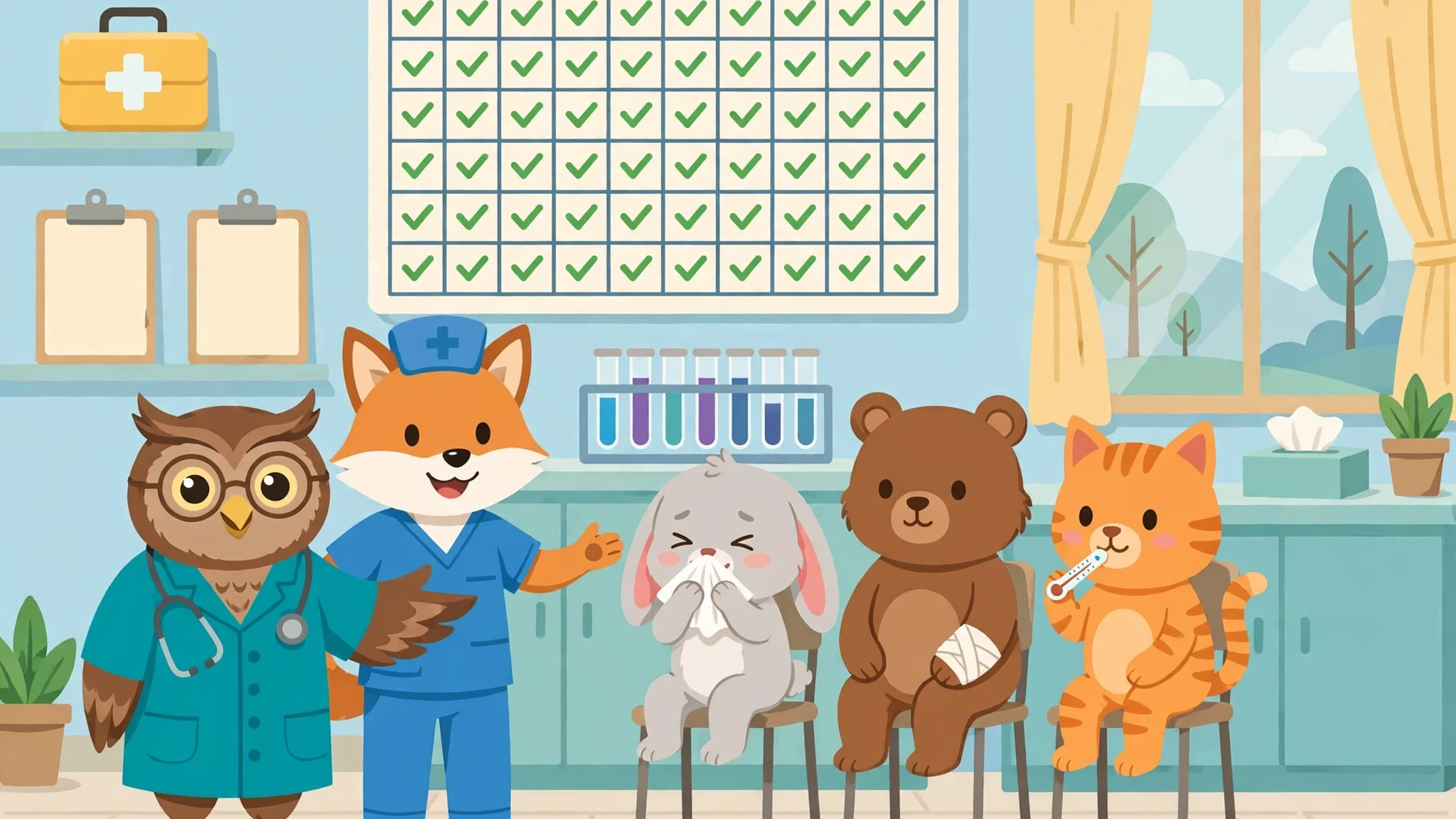 Doctor owl in a teal coat and nurse fox in blue scrubs greeting a sneezing bunny with a tissue, a bear with a bandaged paw, and an orange cat holding a thermometer in a bright cozy clinic with a checkmark chart and test tubes.