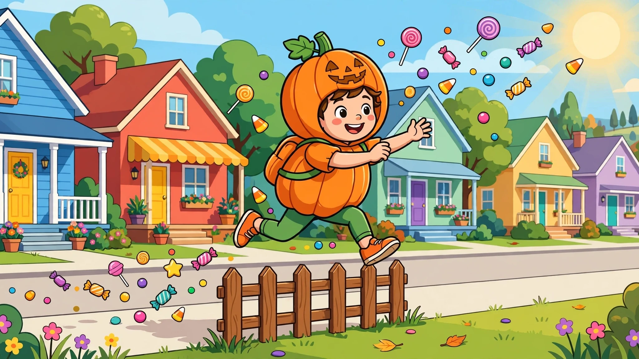A smiling kid in an orange pumpkin costume leaps over a wooden fence on a sunny neighborhood street, with candy, lollipops and colorful houses behind them.