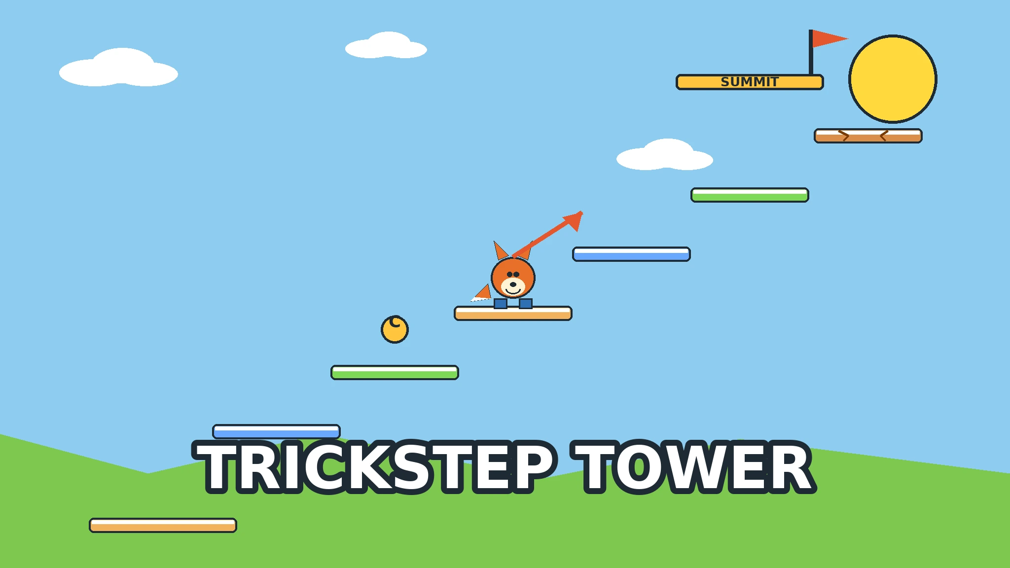 An orange fox kit in blue spring boots standing on a wooden platform mid-tower, aiming a red arrow at the next blue platform, with green, blue and cracked platforms rising toward a golden SUMMIT platform with a red flag, a gold coin, white clouds, a yellow sun and green hills under a bright blue sky, with the title TRICKSTEP TOWER in bold white letters