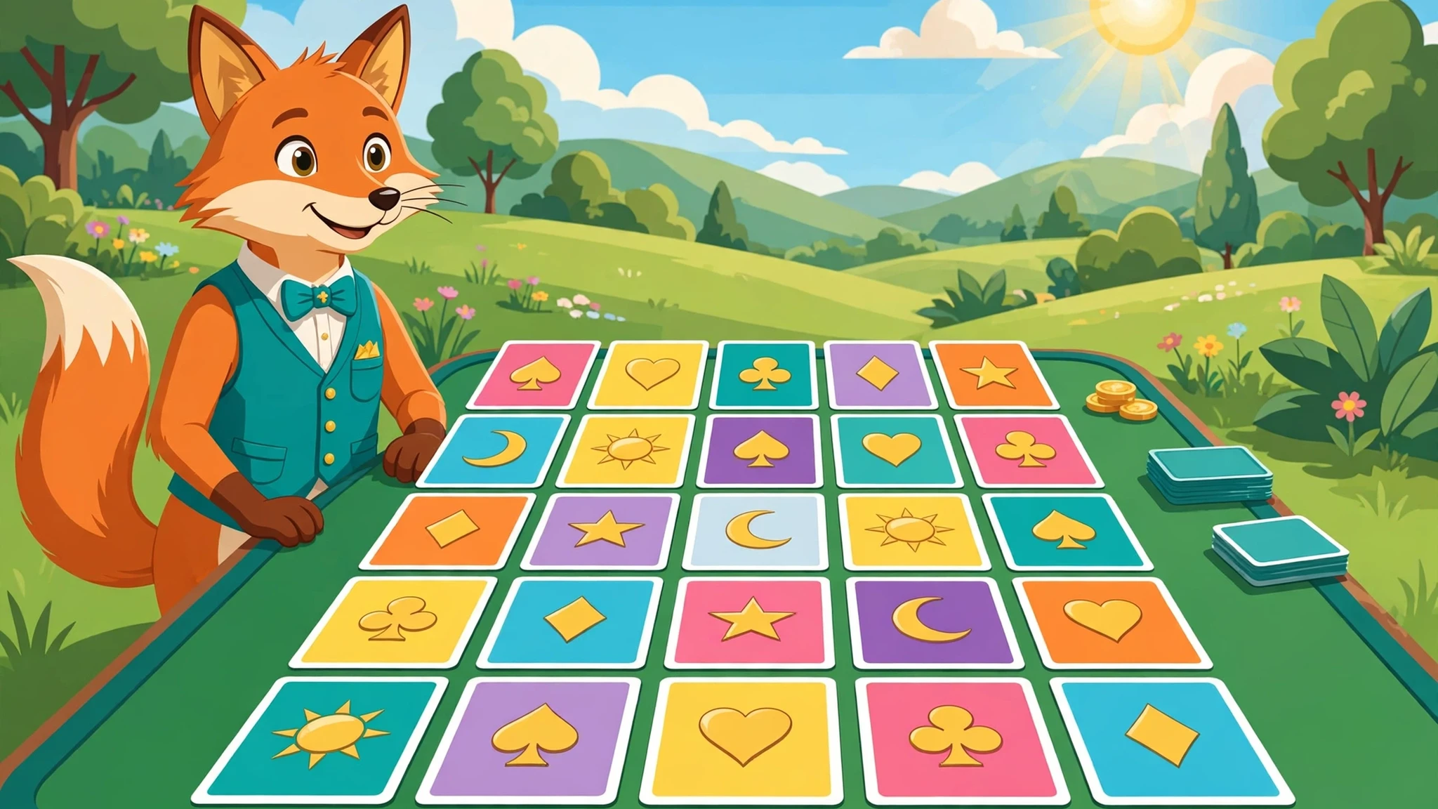 A smiling orange fox in a teal vest beside a green table holding a 5-by-5 grid of colorful suit cards under a sunny sky in a green meadow.