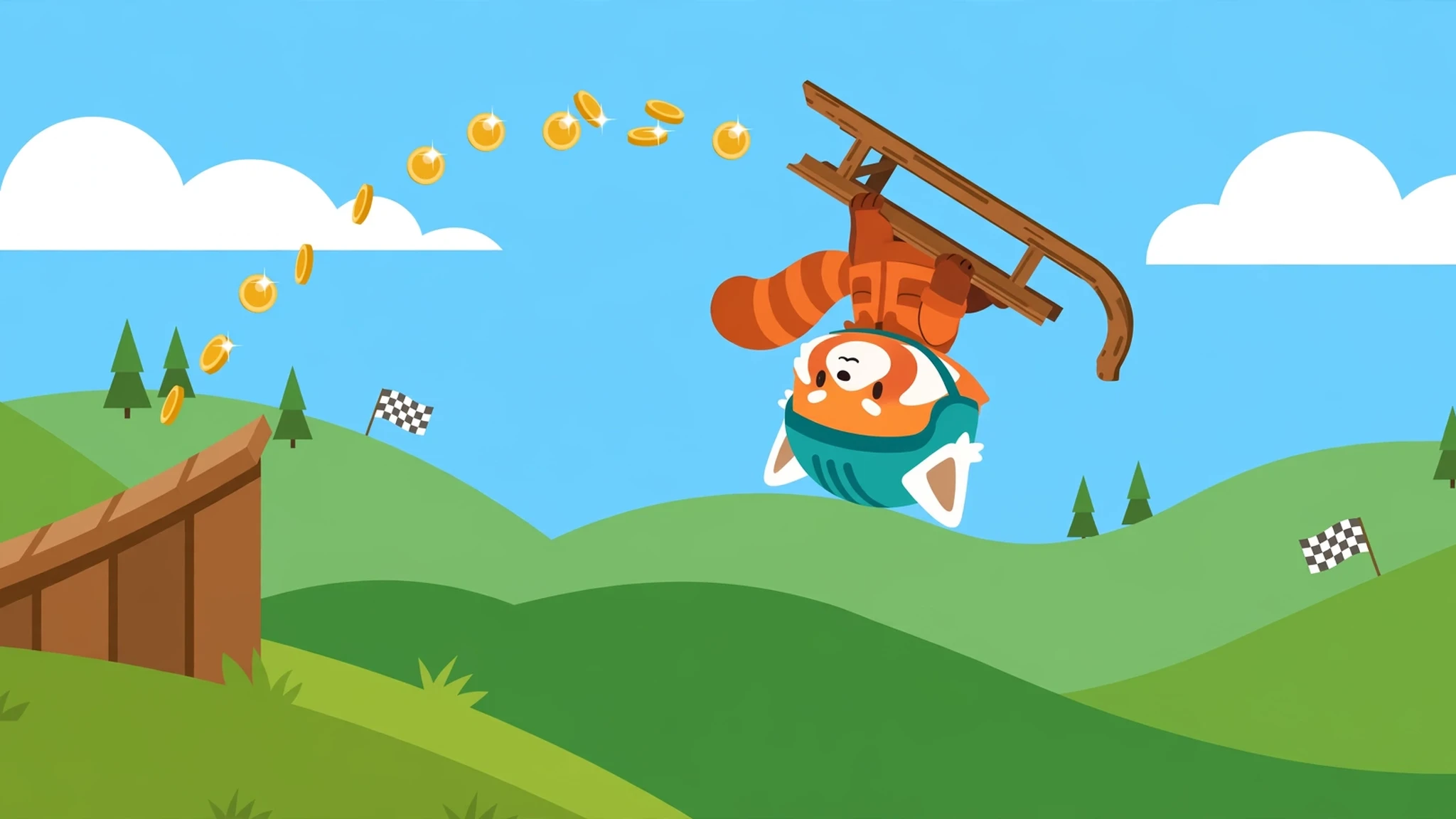A red panda rider in a teal helmet tumbling upside down while holding a wooden sled, following an arc of gold coins over green hills with checkered flags under a bright blue sky