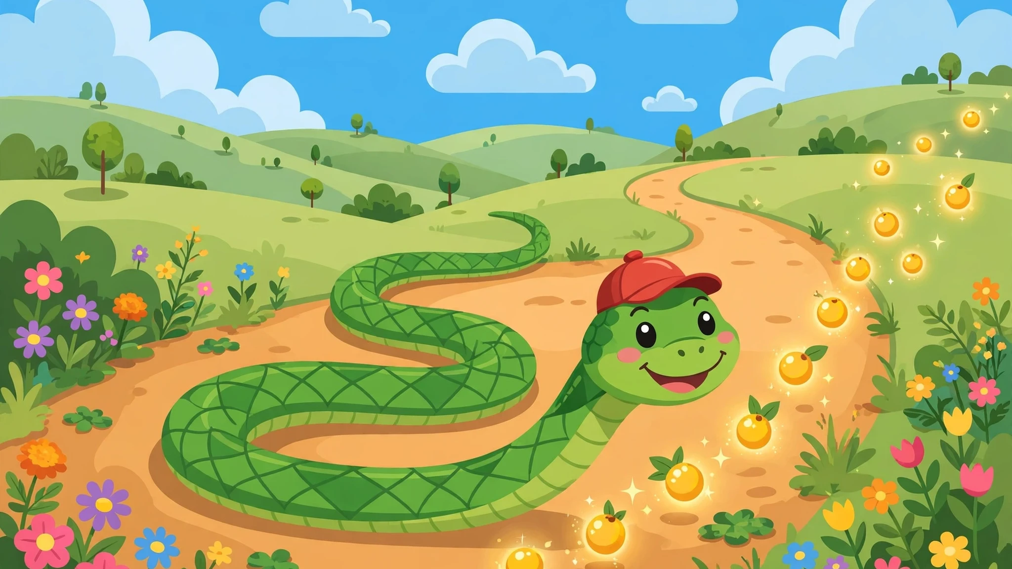 A cheerful green viper snake wearing a red racing cap slithering along a sunny garden path toward a trail of glowing golden berries, with colorful flowers, green hills, and a bright blue sky