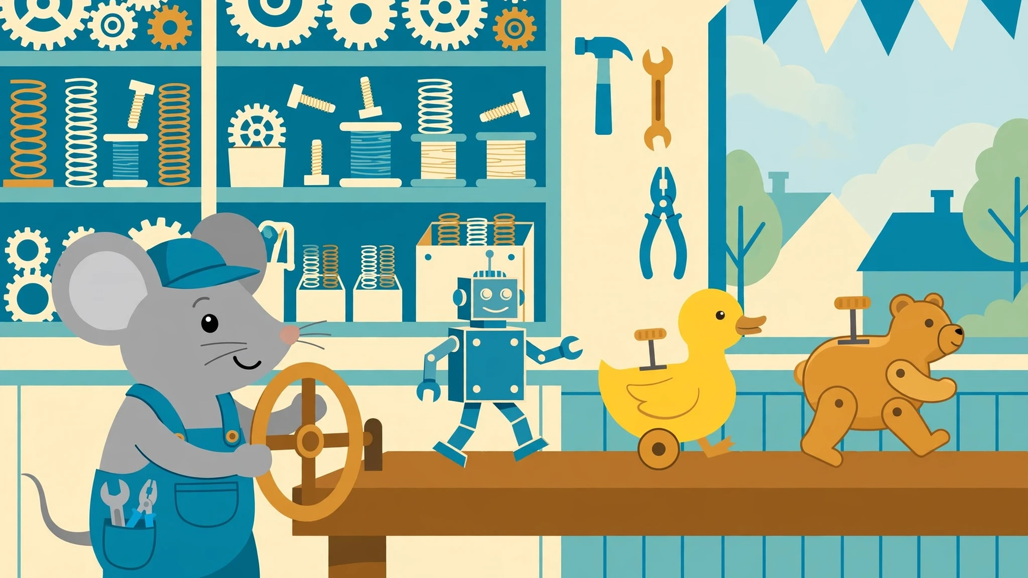 A grey mouse tinkerer in blue overalls and a blue cap turning a big brass crank wheel at a wooden workbench, with a blue tin robot, a yellow clockwork duck with a wind-up key, and a brown wind-up bear marching on the bench, shelves of gears and springs behind them.