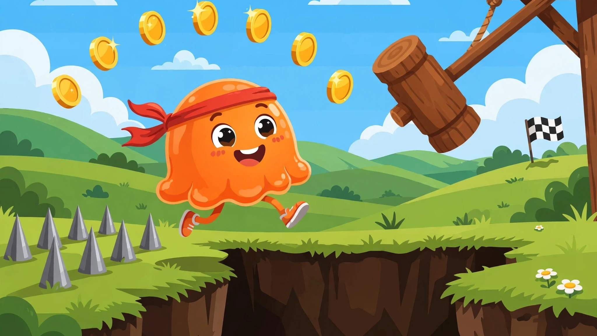 An orange jelly hero with a red headband leaping over grey spikes and a wide pit on a sunny grassy course, gold coins arcing overhead, a big wooden swinging hammer and a checkered finish flag nearby