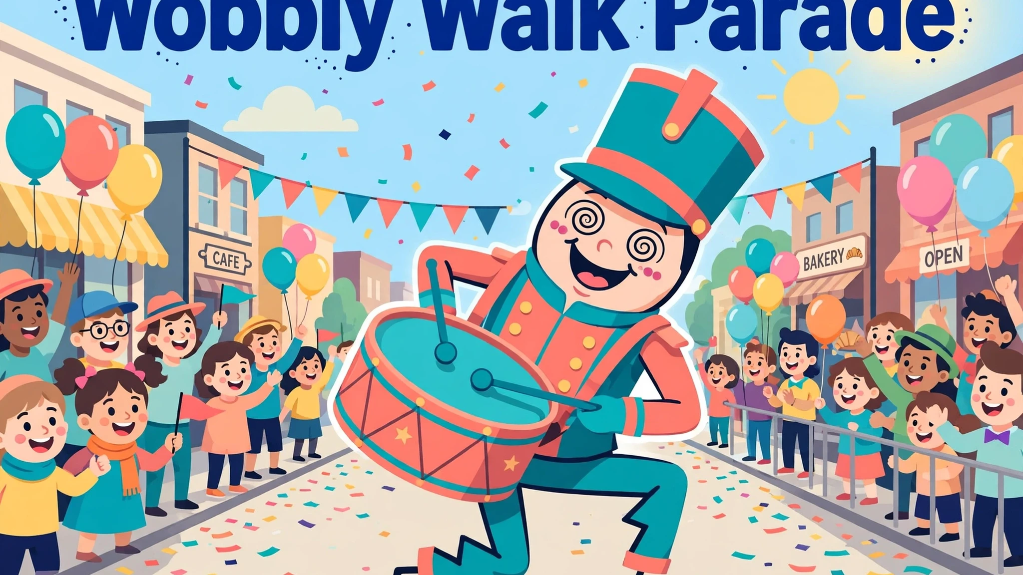 A dizzy-grinning parade drummer in a tall teal and coral uniform with a big drum, marching with wobbly knees down a sunny confetti street lined with cheering crowds, balloons, and bunting, under the bold title Wobbly Walk Parade