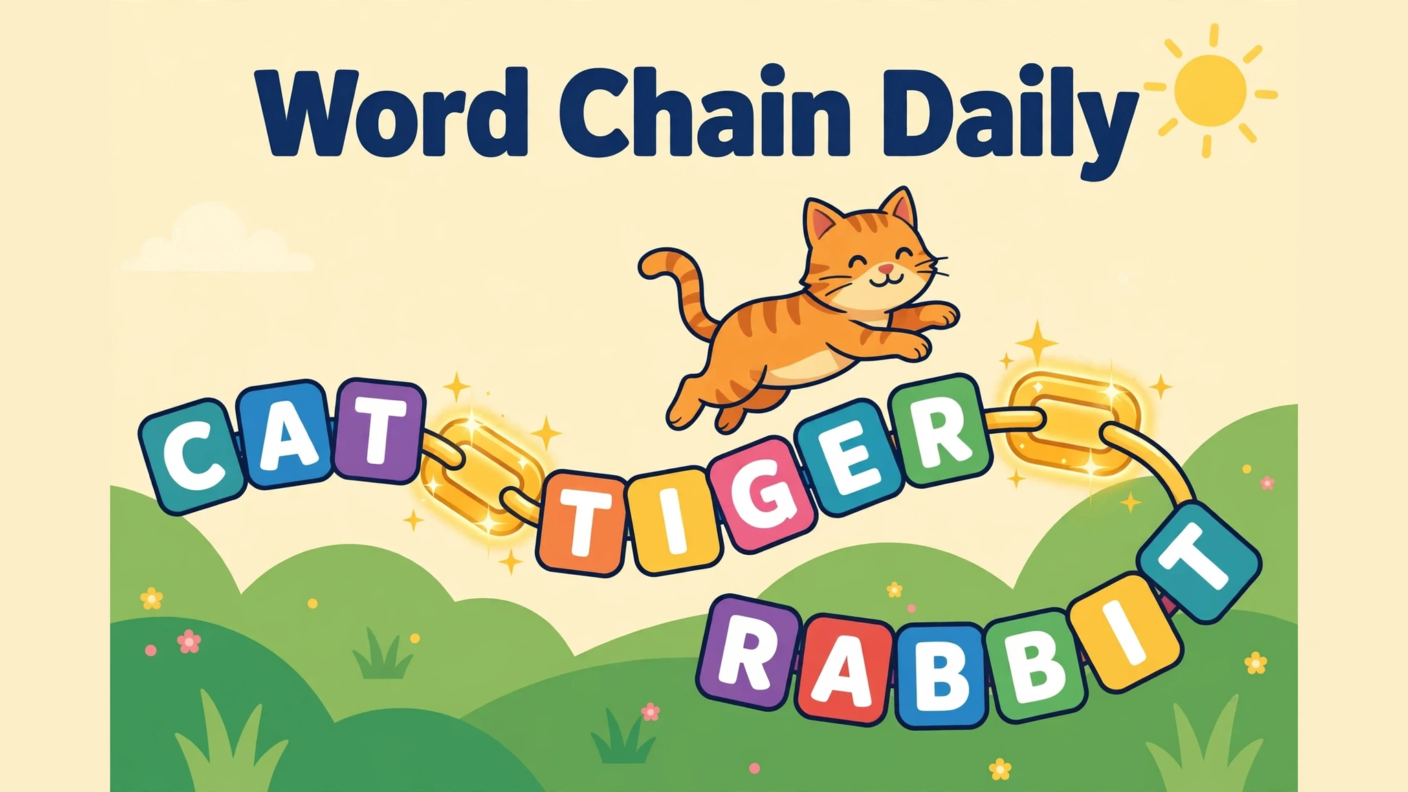 Cheerful orange tabby cat leaping along a winding chain of colorful letter tiles, with a glowing golden link, on a sunny cream background