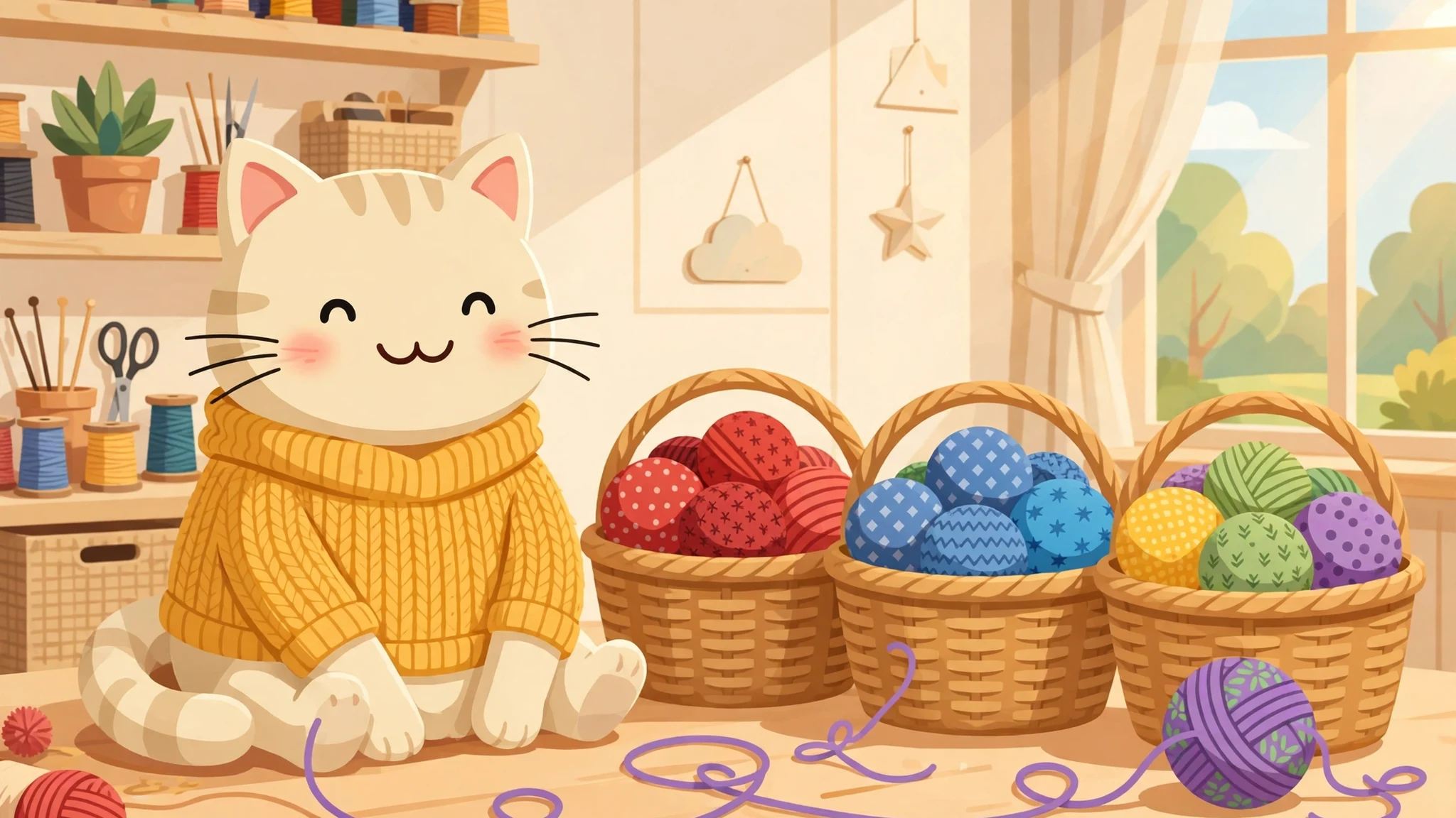 A smiling cream cat in a yellow knitted sweater sitting beside three woven baskets filled with red, blue, green, yellow and purple yarn balls in a sunny craft room